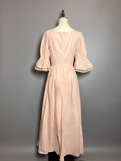 Blush Pink Regency Era Dress with Lace Trim and Puff Sleeves – Regency Dress Plus Size